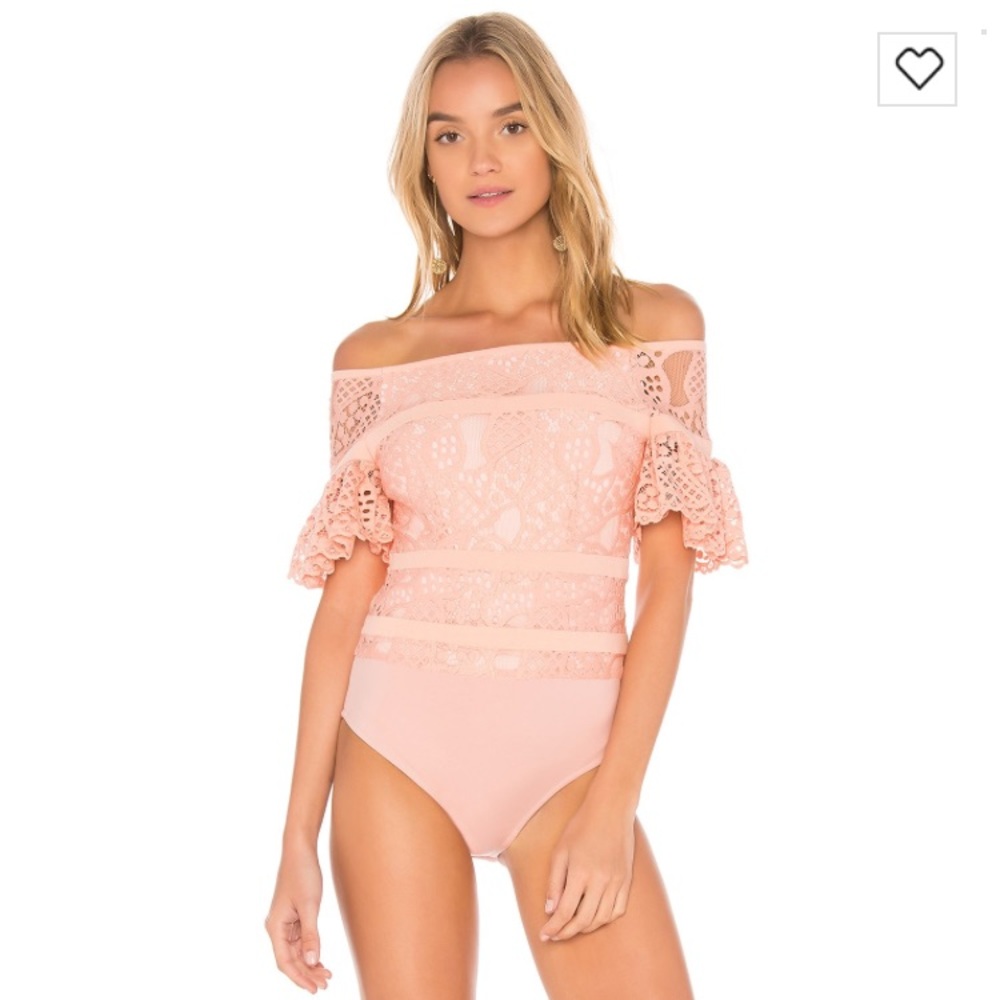 Aijek Mae lace off the shoulder bodysuit in nude